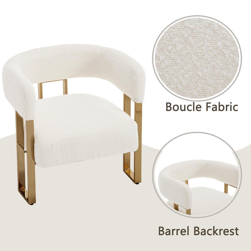 Modern Barrel Accent Chair, Boucle Fabric Living Room Chair with Gold Metal Legs, Comfy Upholstered Single Sofa Armchair Side Chair for Lounge/Bedroom/Reading, White