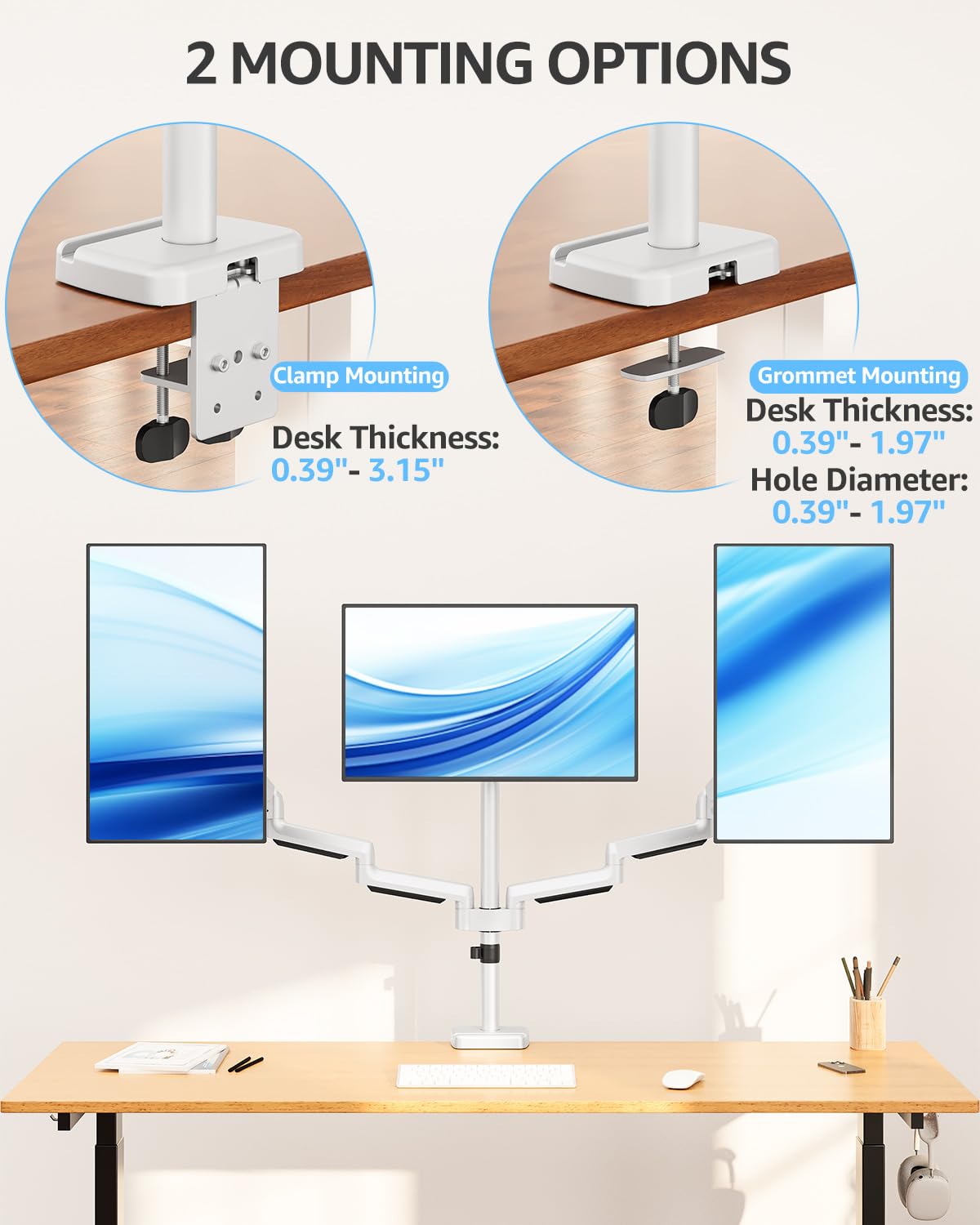 Triple Monitor Stand Mount - 3 Monitors Desk Mount for Computer Screens Up to 27 inch, Triple Monitor Arm, Heavy Duty Monitors Stand, Each Arm Holds 4.4-19.8 lbs, White