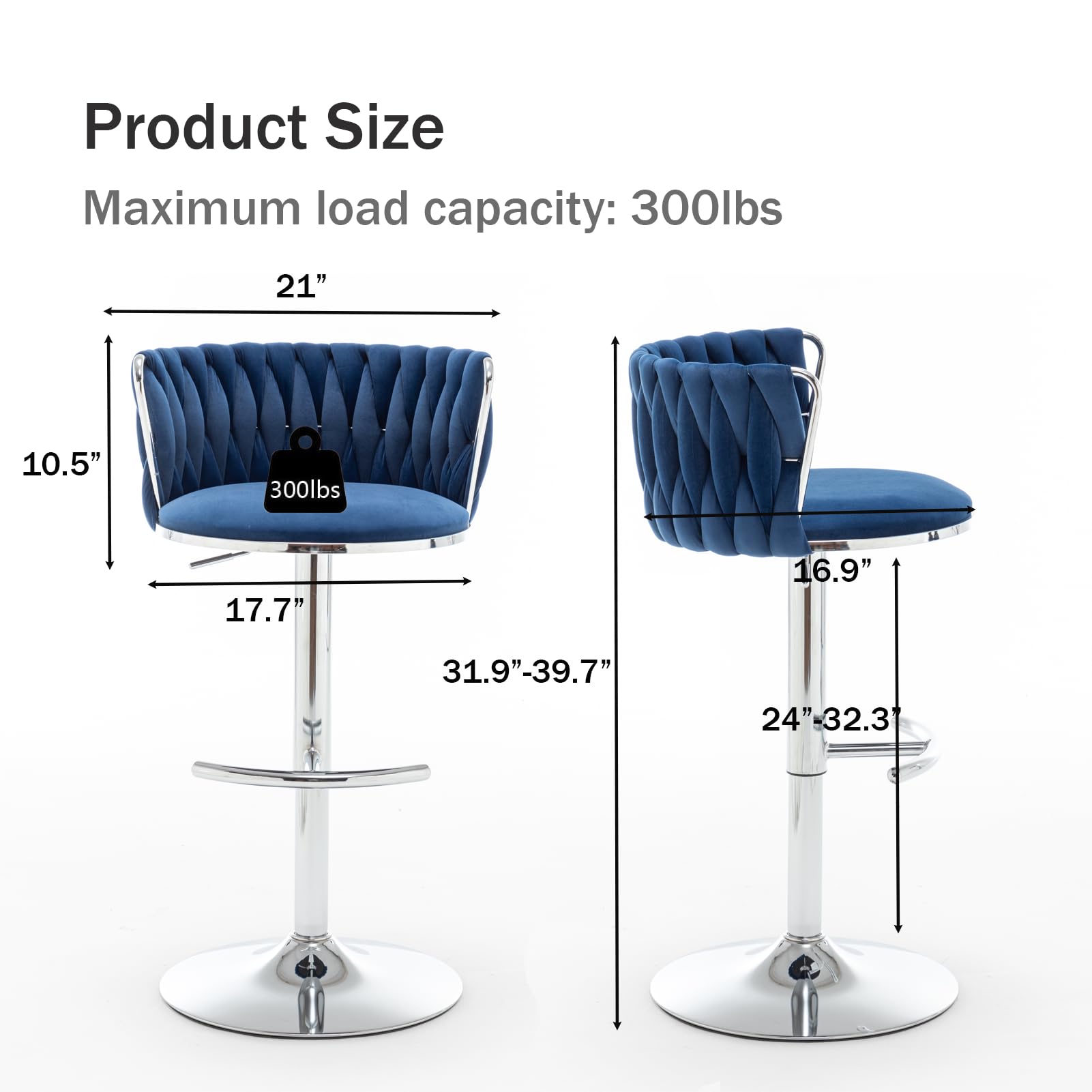 Velvet Bar Stools Set of 2, Swivel Counter Height Bar Stools with Back, Adjustable Woven Barstools for Kitchen Island, Pub, Club (Blue)