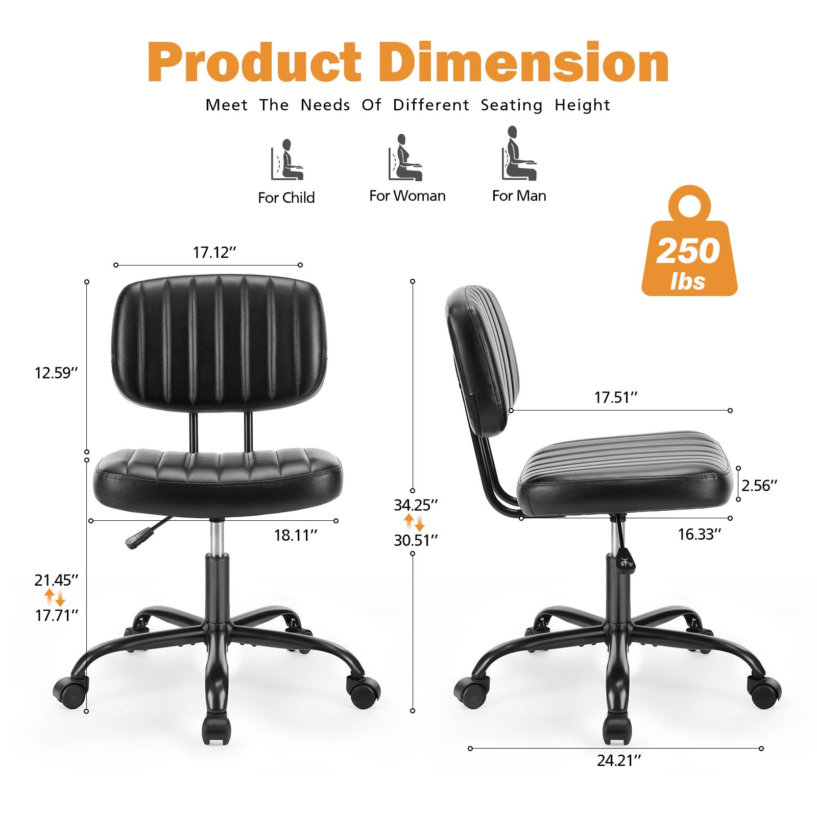Small Office Desk Chair - Armless PU Leather with Comfy Lumbar Support, Height Adjustable Rolling Swivel Task for No Arms, for Adult, Student, Bedroom, Home, Vanity, Black