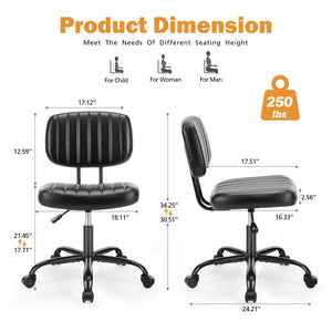 Small Office Desk Chair - Armless PU Leather with Comfy Lumbar Support, Height Adjustable Rolling Swivel Task for No Arms, for Adult, Student, Bedroom, Home, Vanity, Black