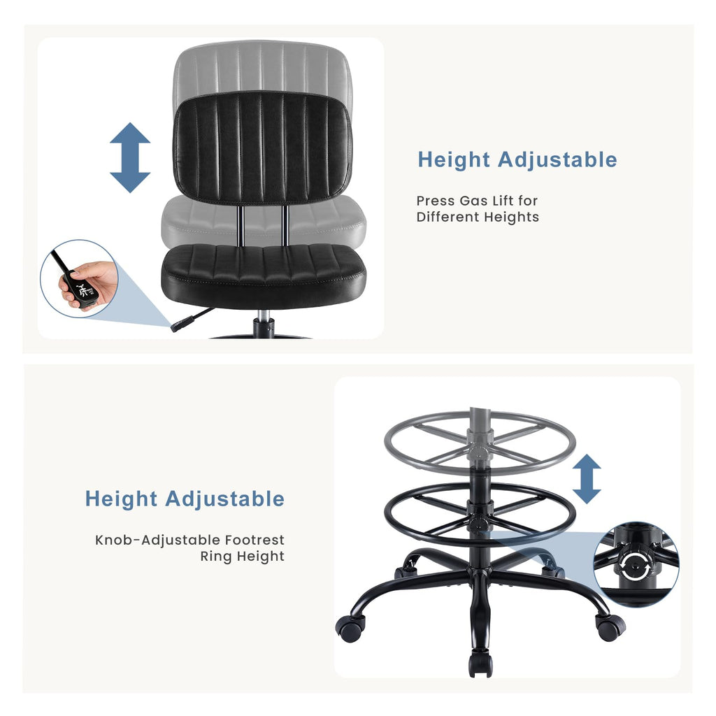 Armless Drafting Chair, Low Back Office Seat with Adjustable Footrest Ring for Standing Desk, Ergonomic PU Leather Office Seating, Swivel Rolling High Stool for Studio, Lab, Counter, Black