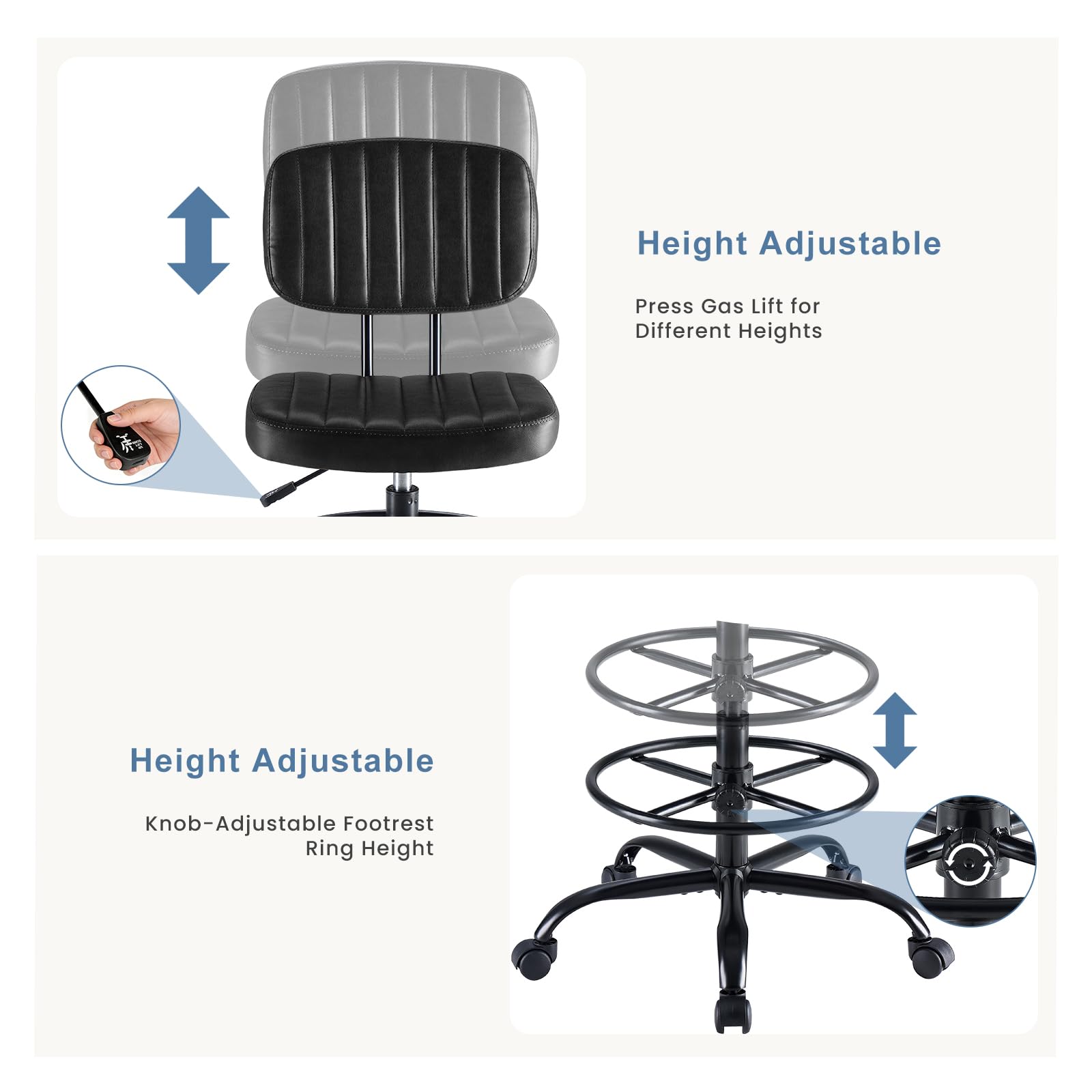 Armless Drafting Chair, Low Back Office Seat with Adjustable Footrest Ring for Standing Desk, Ergonomic PU Leather Office Seating, Swivel Rolling High Stool for Studio, Lab, Counter, Black