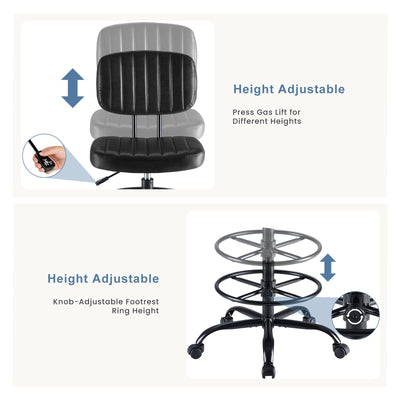 Armless Drafting Chair, Low Back Office Seat with Adjustable Footrest Ring for Standing Desk, Ergonomic PU Leather Office Seating, Swivel Rolling High Stool for Studio, Lab, Counter, Black