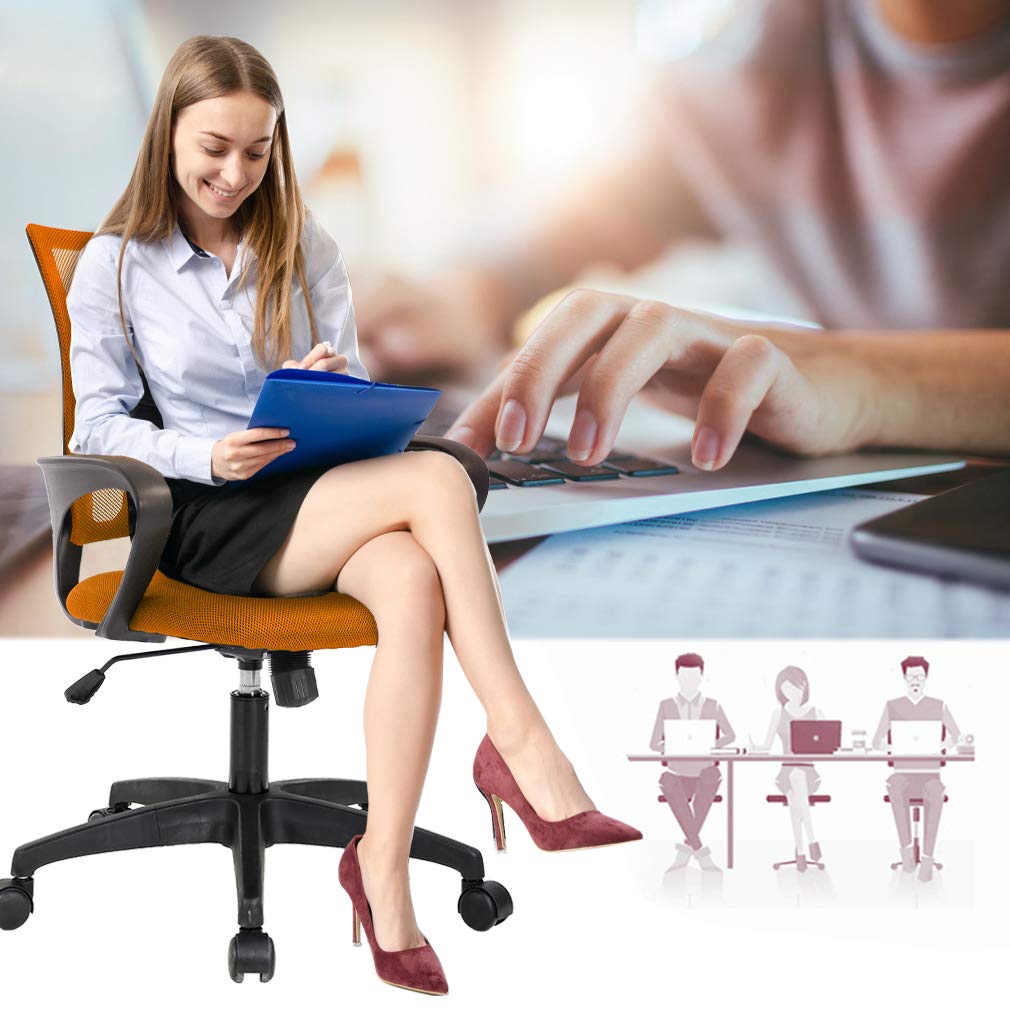 Ergonomic Office Chair | Mid-Back Swivel Desk Chair | Breathable Backrest & Lumbar Support | Adjustable Height | Sponge Seat | Rolling Wheels | Orange | for Adults & Women