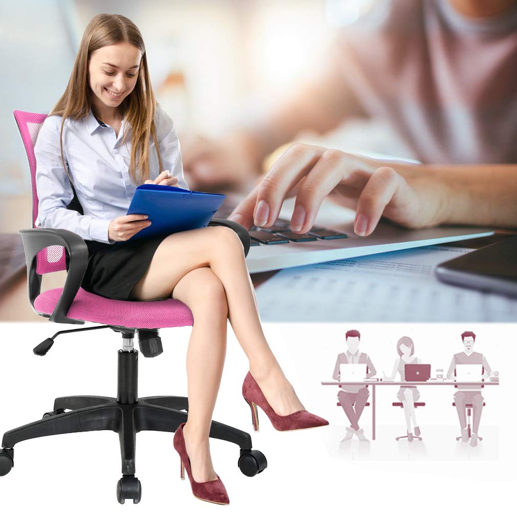 Ergonomic Office Chair | Mid-Back Swivel Desk Chair | Breathable Backrest & Lumbar Support | Adjustable Height | Sponge Seat | Rolling Wheels | Pink | for Adults & Women | Pack of 2