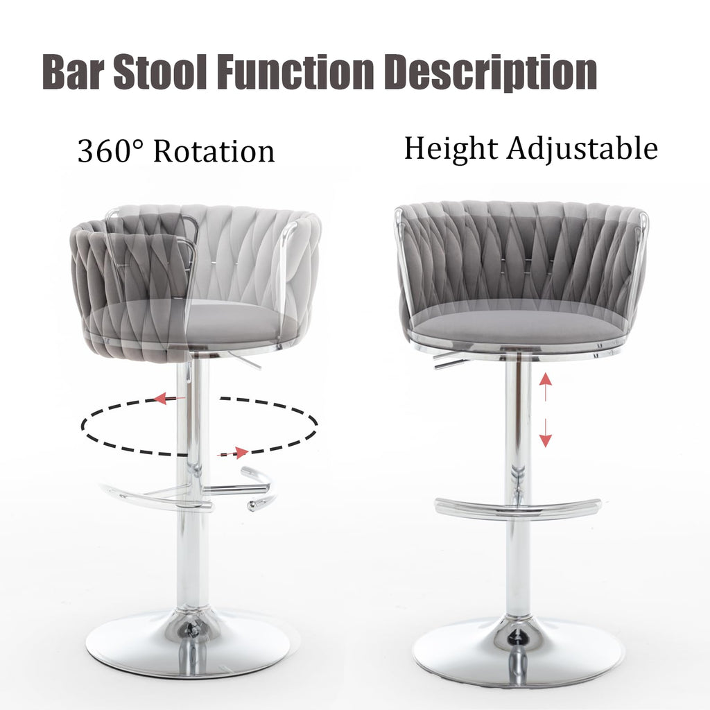 Velvet Bar Stools Set of 2, Swivel Counter Height Bar Stools with Back, Adjustable Woven Barstools for Kitchen Island, Pub, Club (Grey)