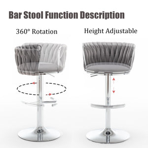 Velvet Bar Stools Set of 2, Swivel Counter Height Bar Stools with Back, Adjustable Woven Barstools for Kitchen Island, Pub, Club (Grey)