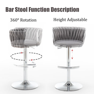 Velvet Bar Stools Set of 2, Swivel Counter Height Bar Stools with Back, Adjustable Woven Barstools for Kitchen Island, Pub, Club (Grey)