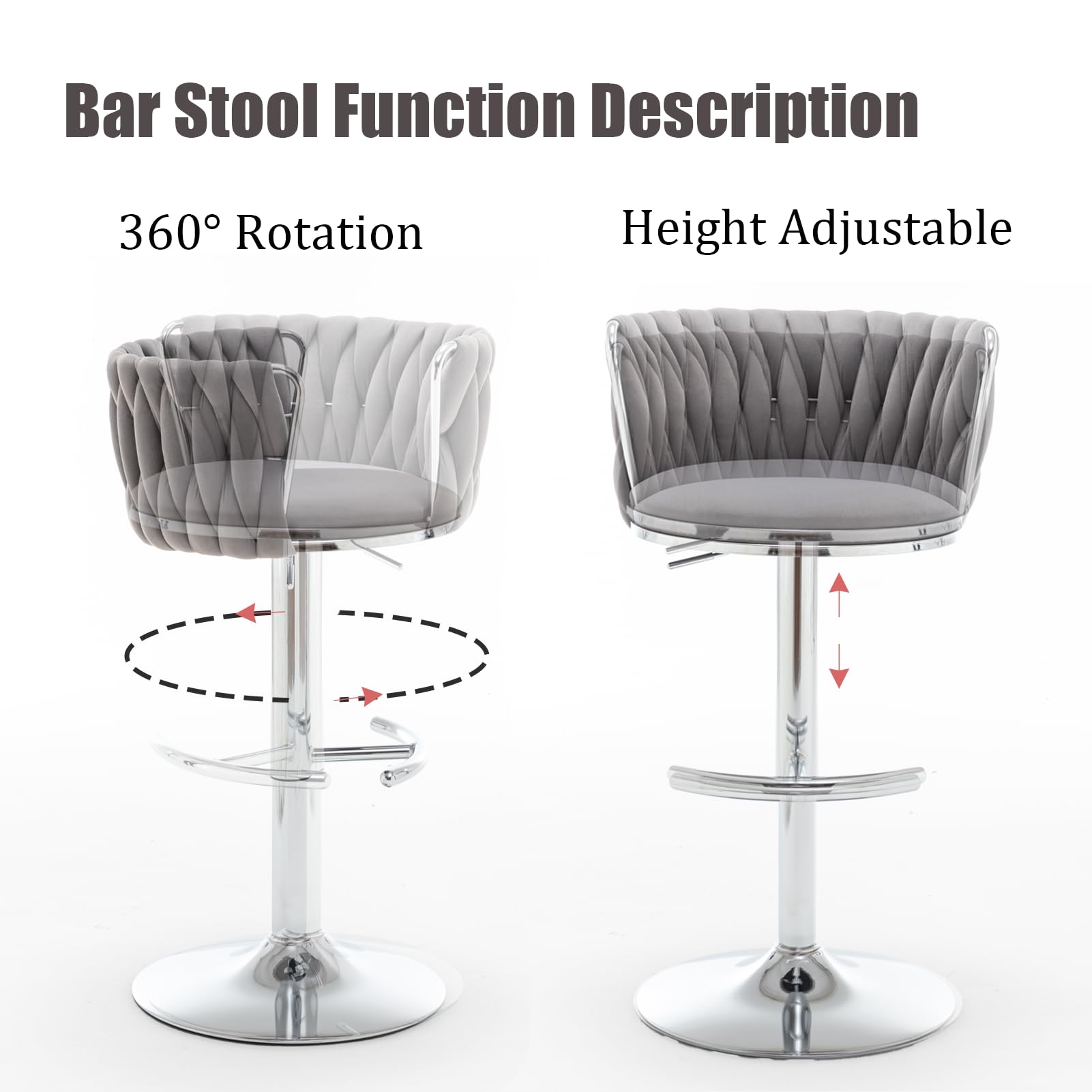 Velvet Bar Stools Set of 4, Swivel Counter Height Bar Stools with Back, Adjustable Woven Barstools for Kitchen Island, Pub, Club (Grey)