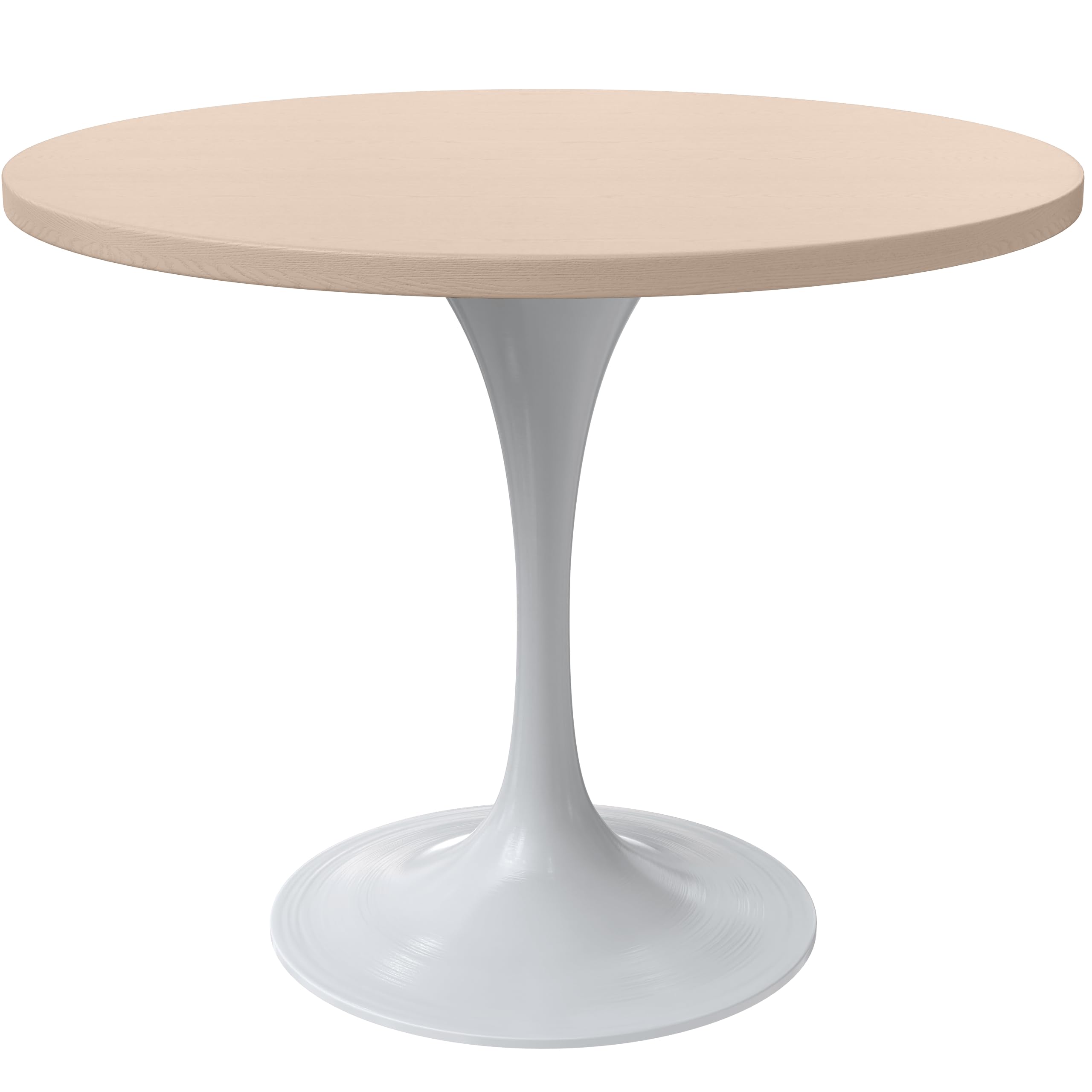 Mid-Century Modern 36 Inch Round Dining Table, MDF Wood Tabletop with White Steel Pedestal Base, Contemporary Kitchen & Dining Room Table, for Small Spaces (Light Natural)