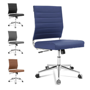 Armless Office Desk Chair, Mid Back Ergonomic Swivel Conference Room Chair, Adjustable Height PU Leather Home Desk Chair, Modern Small Rolling Computer Task Chair, Navy Blue