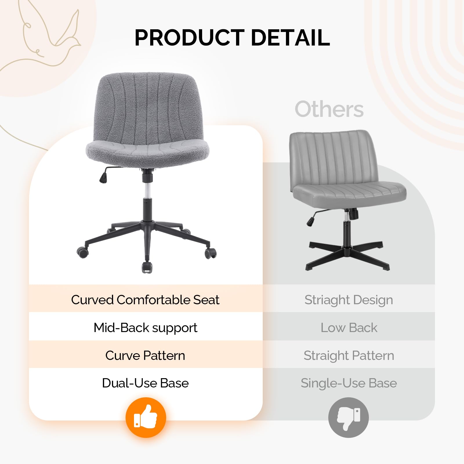 Criss Cross Legged Chair,Wide Comfy Office Desk Chair,Dual-Use with/no Wheels Computer Task Chair,Swivel Armless Vanity Boucle Chair for Study,Make Up,Home Office,Teddy Fleece,Dark Grey