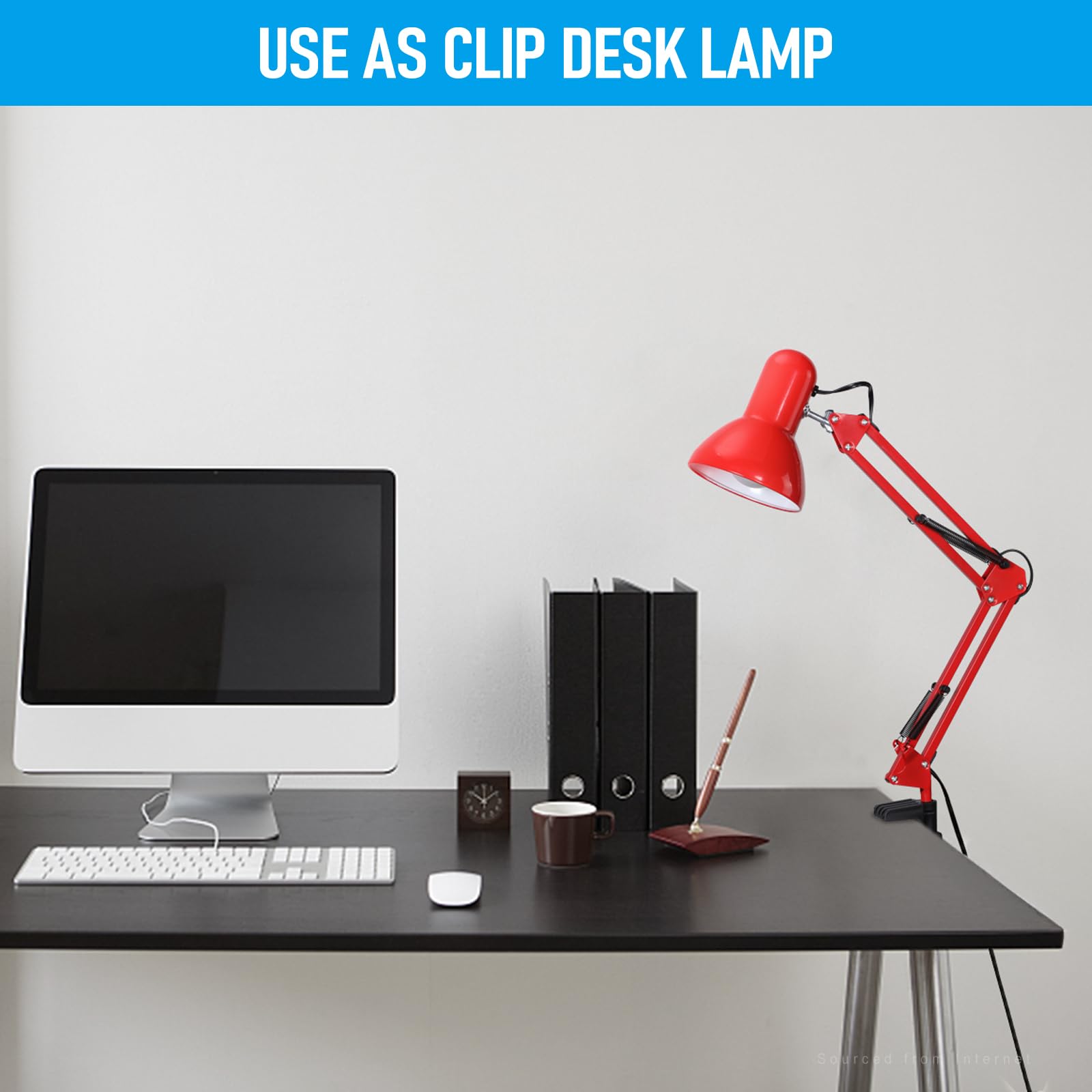 Metal Desk Lamp with Clamp, Swing Arm, Architect Adjustable Gooseneck Table Lamp, Clip Desk Lights for Home Office, Work, Study, Reading, E26 Base, Multi-Joint, Red