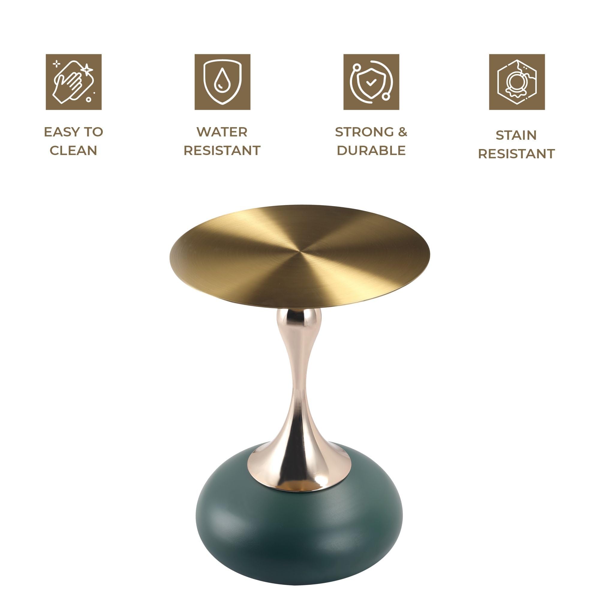 Modern Round Side Table with Gold Stainless Steel Top, Gold Pedestal Stem & Glossy Base, Accent End Table for Living Room, Bedroom, or Small Spaces, 17.7" × 21.6", Green