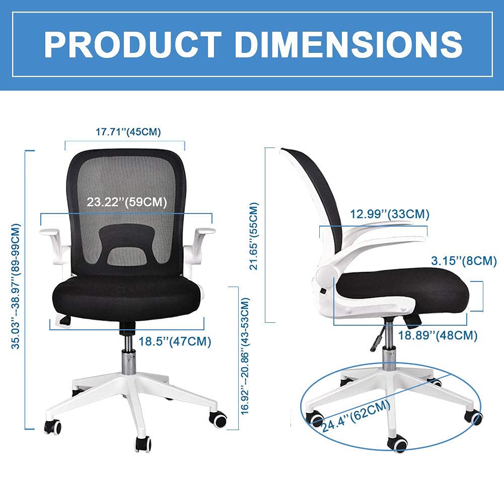 Foldable Office Chair - Home Office Desk Chairs with Wheels and Flip-Up Arms - Ergonomic Backrest Mesh Computer Chair Adjustable Swivel Rolling Home Executive (White)
