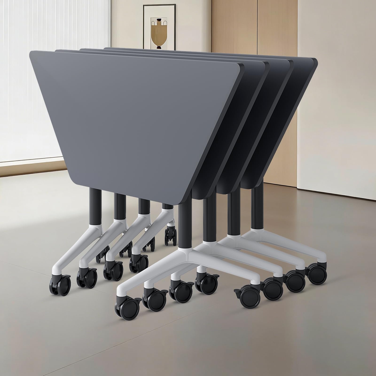6 Pack Folding Conference Tables with Wheels, 4FT Modern Black Modular Conference Room Table Mobile Trapezoid Foldable Training Table for Office Classroom Meeting (6PACK, Black)