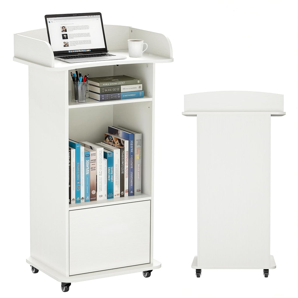 Podium Stand Portable with Wheels, Classroom Lectern for Teacher with Adjustable Storage Shelf, Mobile Rolling Church Pulpits, Office Wooden Reception Desk, Host Stand for School Conference（White）