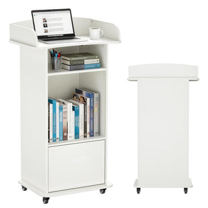 Podium Stand Portable with Wheels, Classroom Lectern for Teacher with Adjustable Storage Shelf, Mobile Rolling Church Pulpits, Office Wooden Reception Desk, Host Stand for School Conference（White）