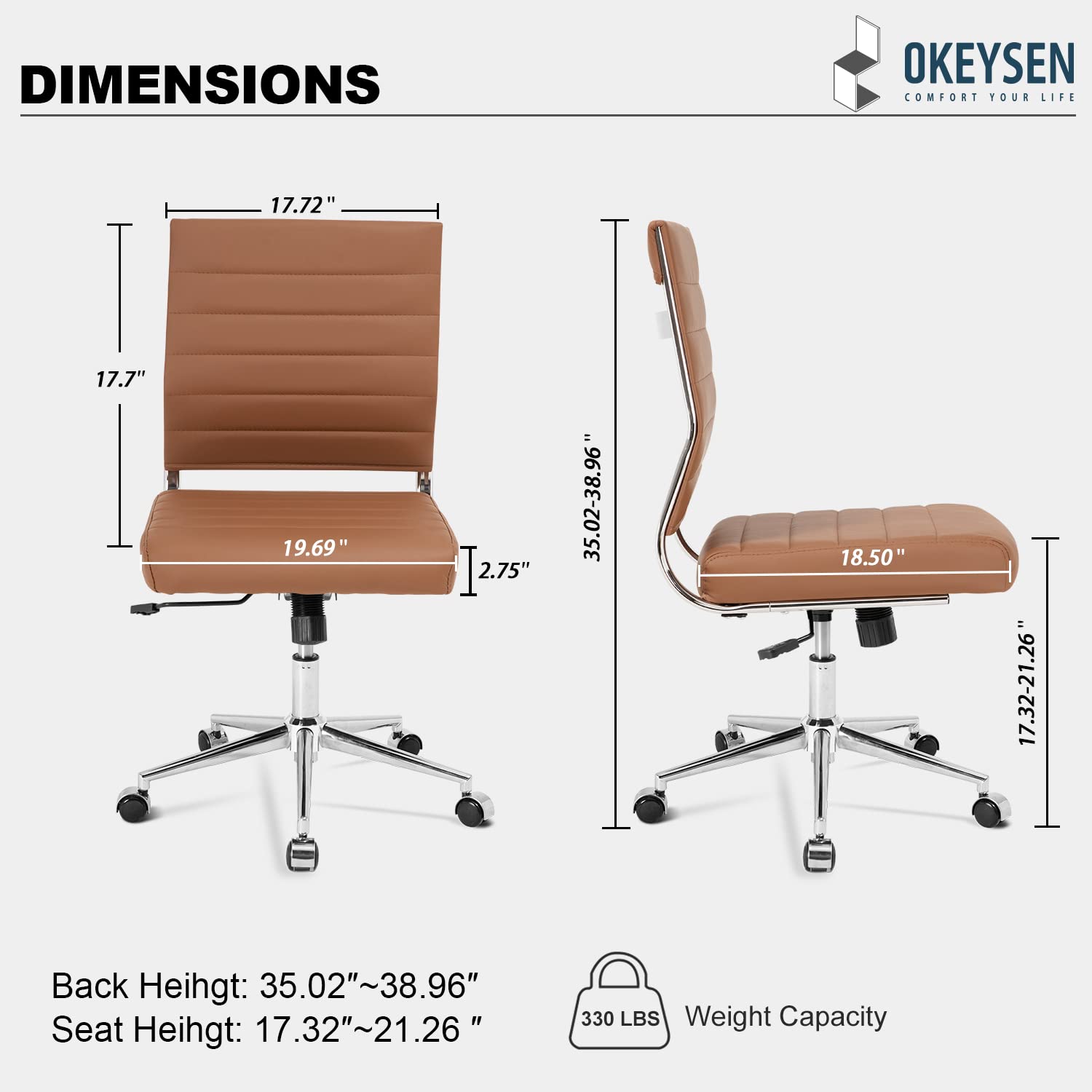 Brown Armless Office Desk Chair, Mid Back Ergonomic Swivel Conference Room Chairs, Adjustable Height PU Leather Home Desk Chair, Modern Small Rolling Computer Task Chair