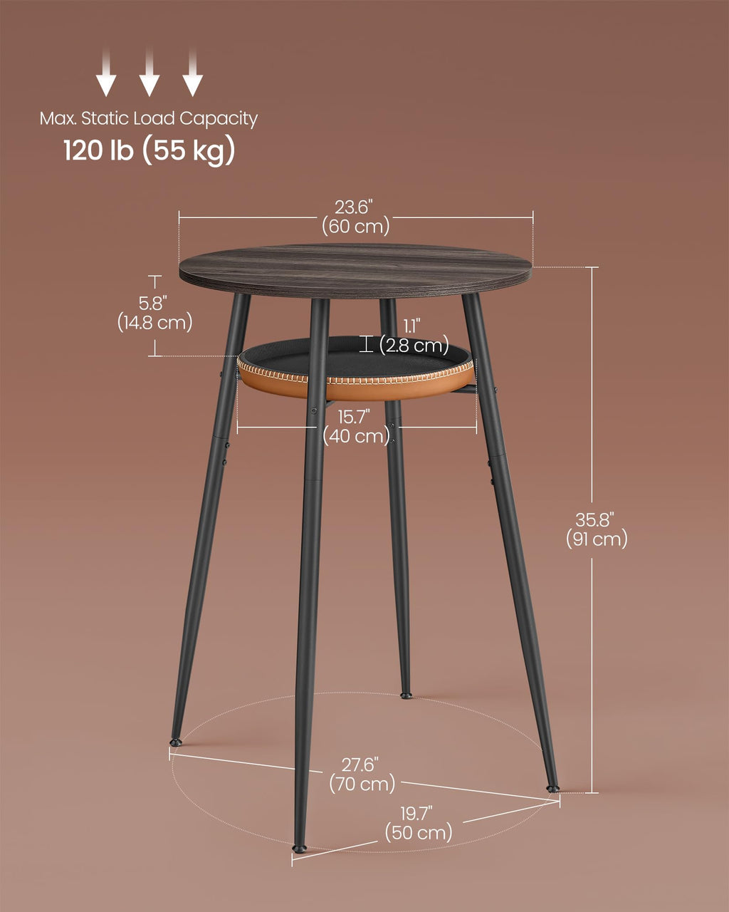 Bar Table with Storage, Round High Pub Table, Synthetic Leather with Stitching, Mid-Century Modern, Kitchen Home Bar, Living Room, Easy Assembly, Ash Brown and Caramel Brown
