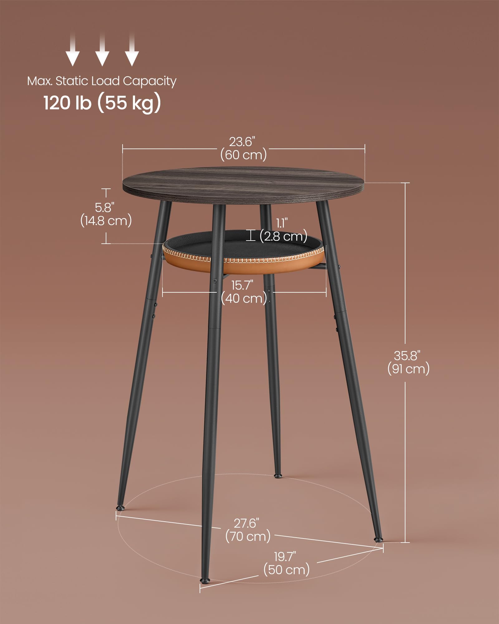 Bar Table with Storage, Round High Pub Table, Synthetic Leather with Stitching, Mid-Century Modern, Kitchen Home Bar, Living Room, Easy Assembly, Ash Brown and Caramel Brown