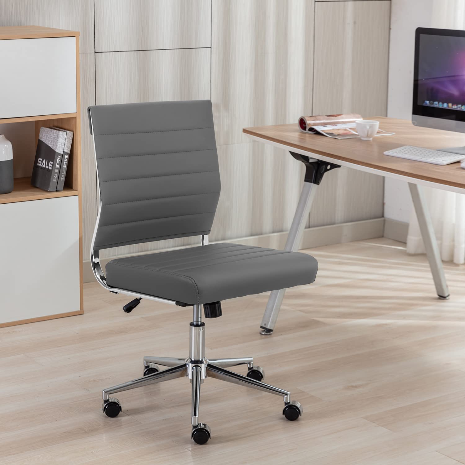 Armless Office Desk Chair, Mid Back Ergonomic Swivel Conference Room Chair, Adjustable Height PU Leather Home Desk Chair with Lumbar Support, Modern Small Rolling Computer Task Chair, Gray
