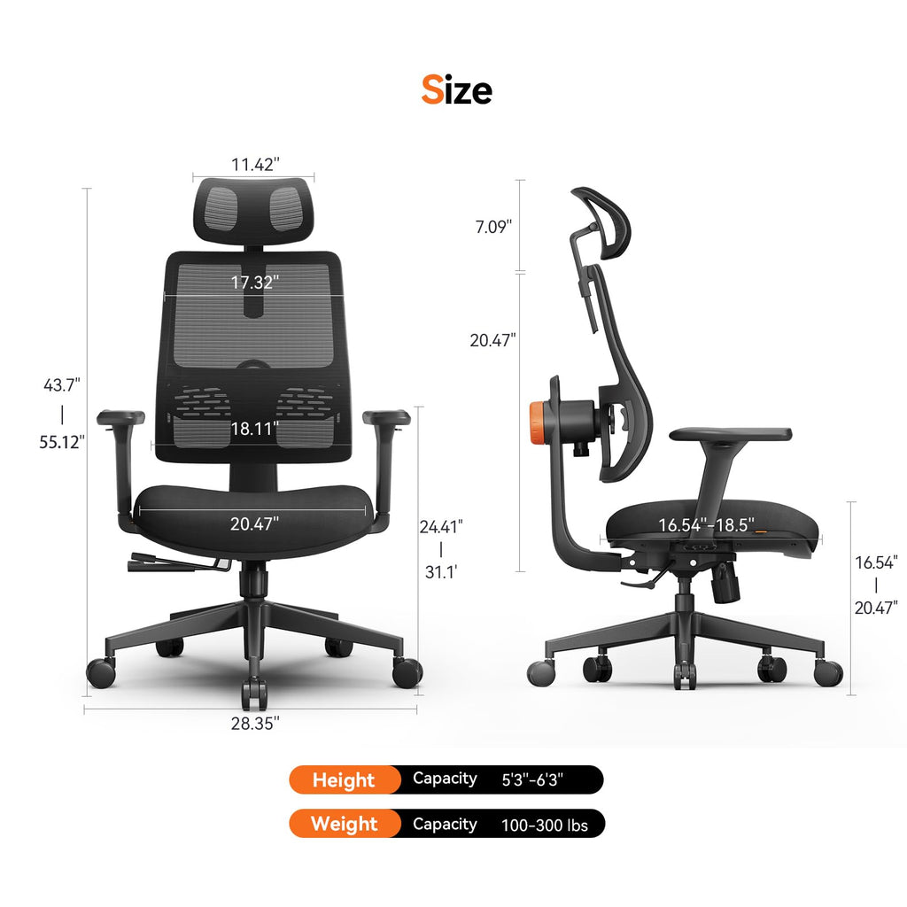 Ergonomic Office Chair with Adaptive Lumbar Support- High Back Desk Chair with Adjustable Headrest, 3D Armrest, Adjustable Seat Depth & Height, Home Office