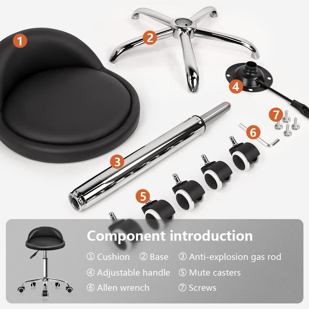 PU Leather Round Rolling Stool with Back Rest Height Adjustable Swivel Drafting Work SPA Task Chair with Wheels Black