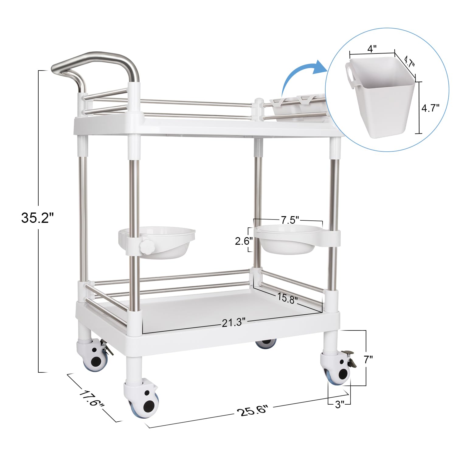 Mobile Utility Cart with Wheels Professional Medical Trolley Cart 220 Lbs Load Plastic and Stainless Steel Esthetician Storage Cart with Basins and Kegs for Beauty Salon Hospital Clinic Home