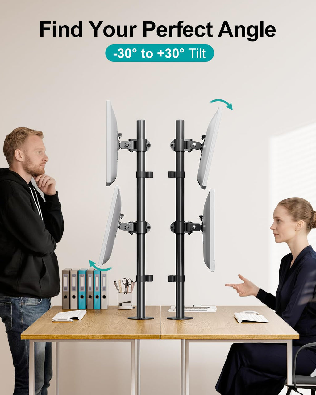 Vertical Dual Monitor Stand, Stacked Monitor Mount for 2 Monitors Up to 32 inches, Computer Monitor Arm with Swivel, Tilt, Height Adjustable, Each Monitor Desk Mount Holds up to 17.6 lbs