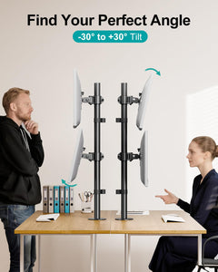 Vertical Dual Monitor Stand, Stacked Monitor Mount for 2 Monitors Up to 32 inches, Computer Monitor Arm with Swivel, Tilt, Height Adjustable, Each Monitor Desk Mount Holds up to 17.6 lbs