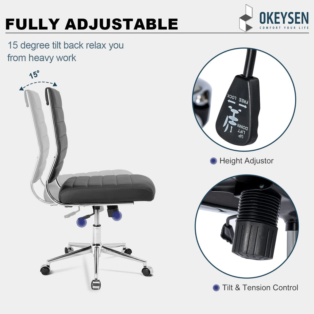 Armless Office Desk Chair, Mid Back Ergonomic Swivel Conference Room Chair, Adjustable Height PU Leather Home Desk Chair, Modern Small Rolling Computer Task Chair, Black