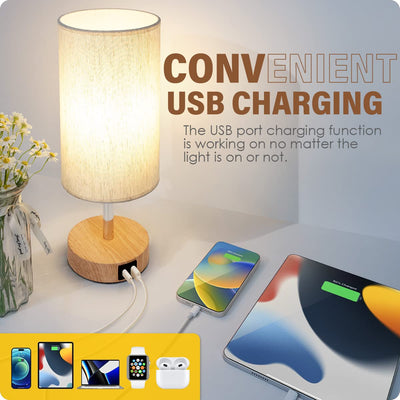 Bedside Lamp with USB A+C Port - Touch Control Table Lamp for Bedroom Wood 3 Way Dimmable Nightstand Lamp with Round Flaxen Fabric Shade for Home Office (LED Bulb Included)