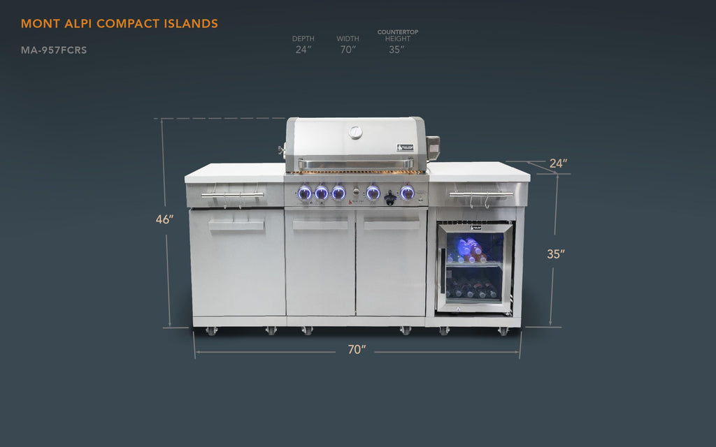 Premium 70"W x 24"D Stainless Steel Compact Outdoor Kitchen Island with Refrigerator + 32"W 4-Burner BBQ Grill with Infrared Rotisserie Burner + Storage Cabinets + White Granite Countertops