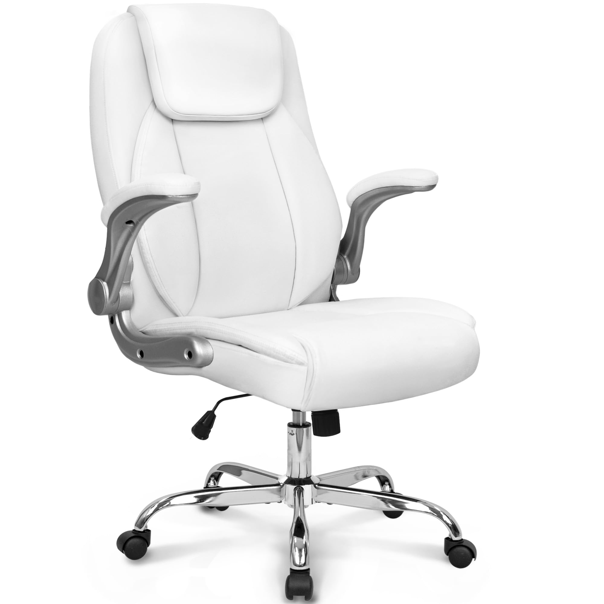 High Back Office Desk Chair for Computer Garming Ergonomic Executive Chair with Comfy Lumbar Support Flip-up Arms Height Adjustable Swivel (Leather White)