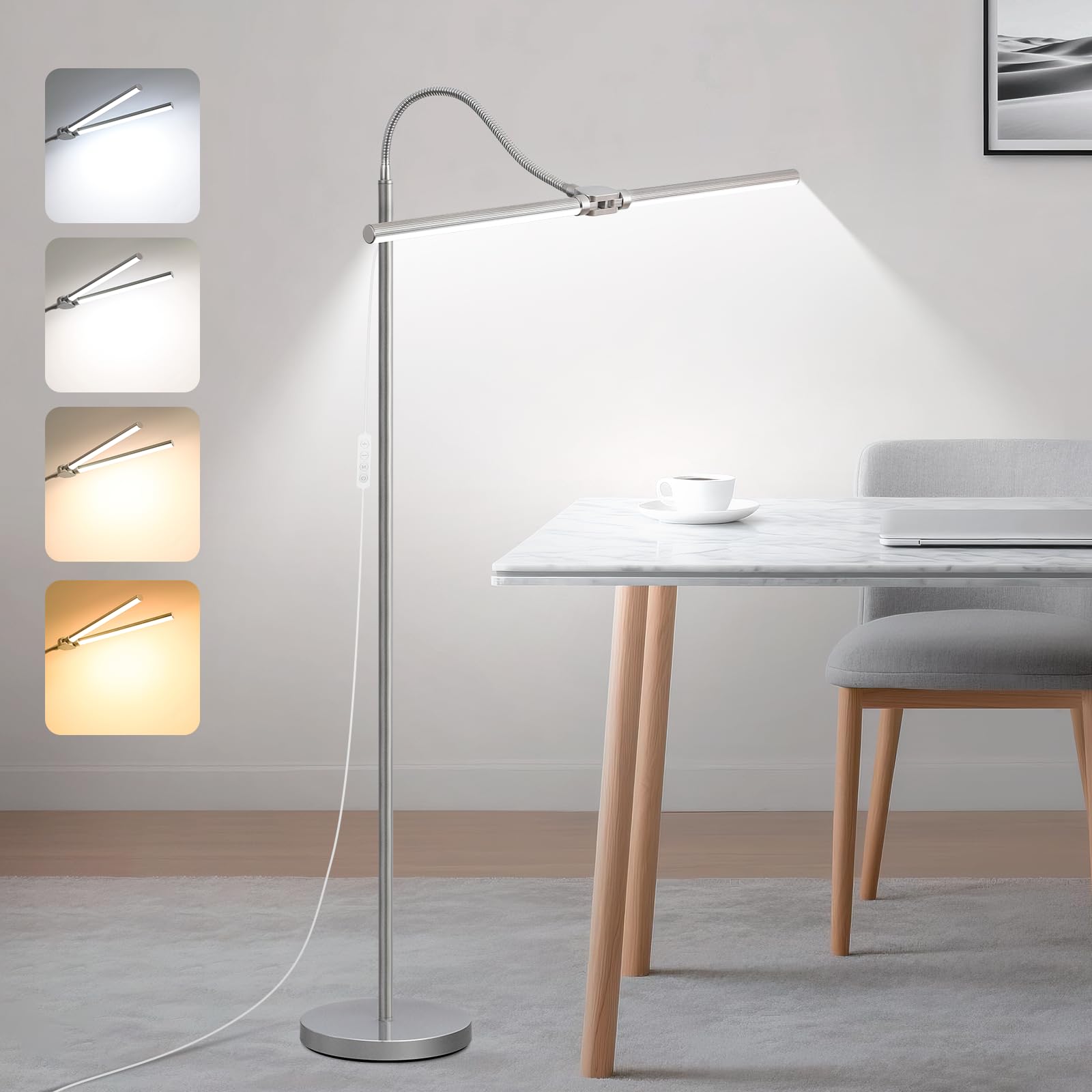 Bright Floor Lamp, 18W/2000LM Silver LED Floor Lamp with Double Head, Adjustable Gooseneck Dimmable Craft Light for Sewing Tatoo Puzzle，Eye Caring Reading Lamps for Living Room Bedroom Office