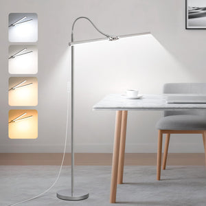 Bright Floor Lamp, 18W/2000LM Silver LED Floor Lamp with Double Head, Adjustable Gooseneck Dimmable Craft Light for Sewing Tatoo Puzzle，Eye Caring Reading Lamps for Living Room Bedroom Office
