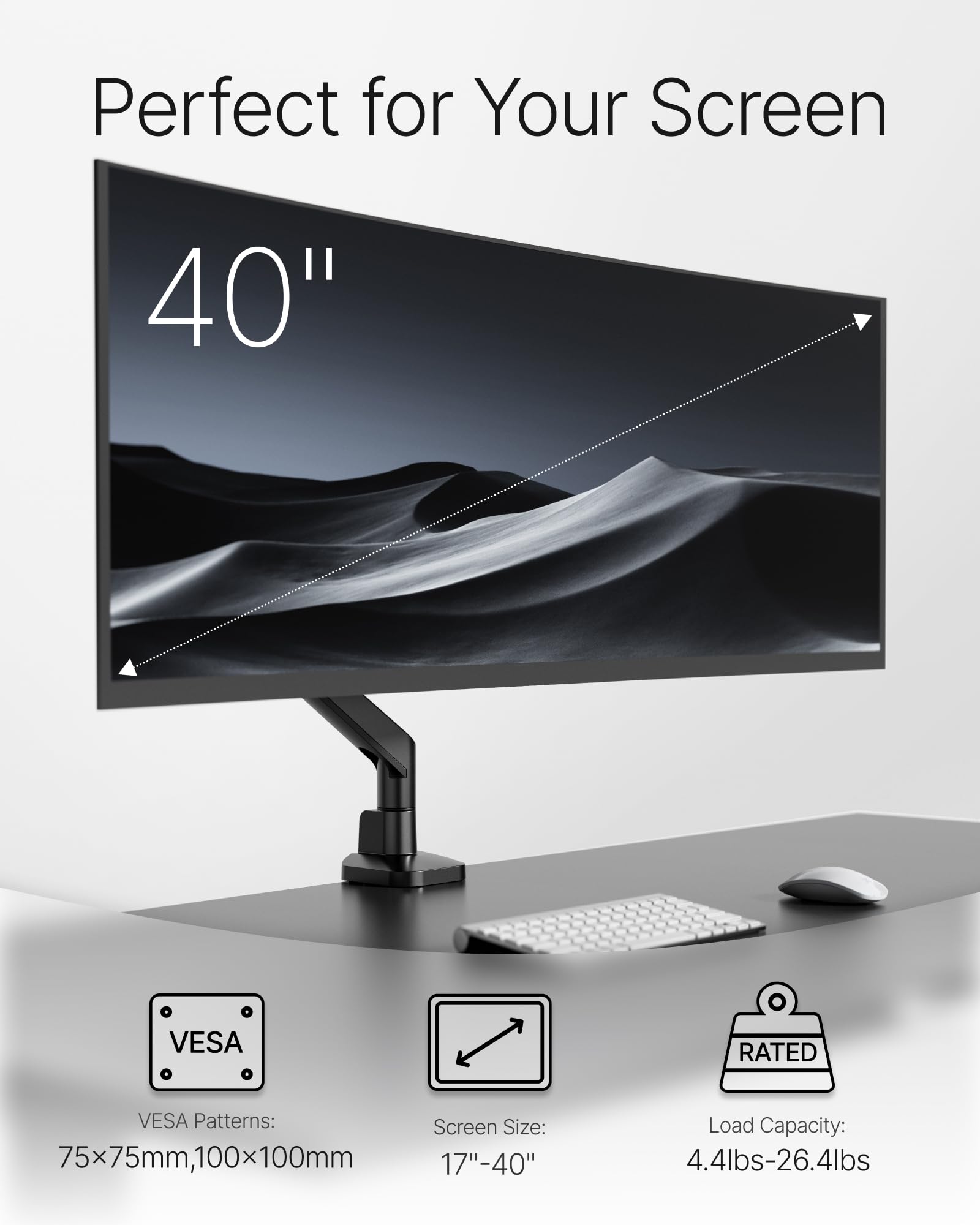 Deluxe Monitor Arm up to 40 Inch Holds 26.4 lbs Curved Screens Aluminum Fully Motion Adjustable Single Monitor Stand with Clamp/Grommet Desk Mount, Quick Release Plate,75/100mm VESA, MA1008BK