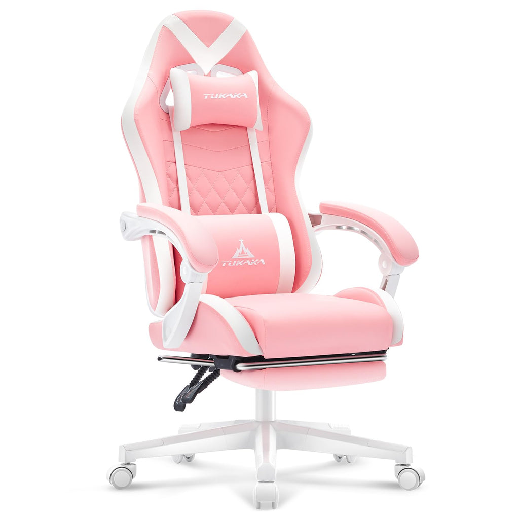 Pink Gaming Chair,Ergonomic Massage Computer Office Desk Chai r with Footrest,Pocket Spring Cushion,Reclining Leather Adjustable Gamer Chair with Headrest and Lumbar Support,Pink