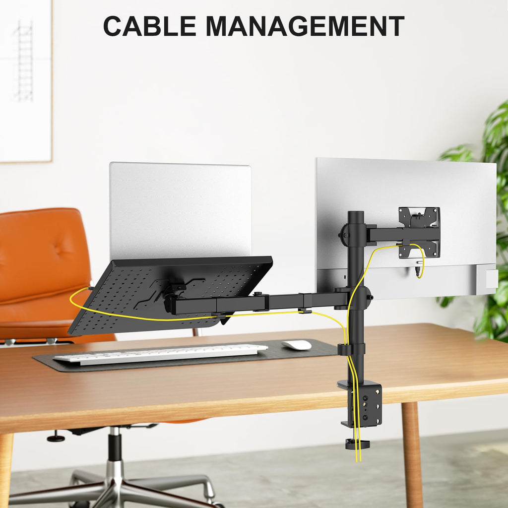Dual Arm Laptop and Monitor Desk Mount for 17" Notebook and Up to 27" Screen, Fully Adjustable Monitor Arm with Laptop Tray, VESA 75x75 100x100, Holds up to 22 lbs, Black (M001LP)