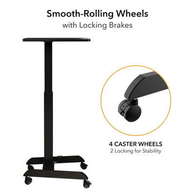 Rolling Laptop Desk Adjustable Height (29.6”-44.2”), Mobile Workstation Cart with 23.6” x 20.5” Desktop, Small Sit-Stand Desk for Home, Office, or Classroom in Black