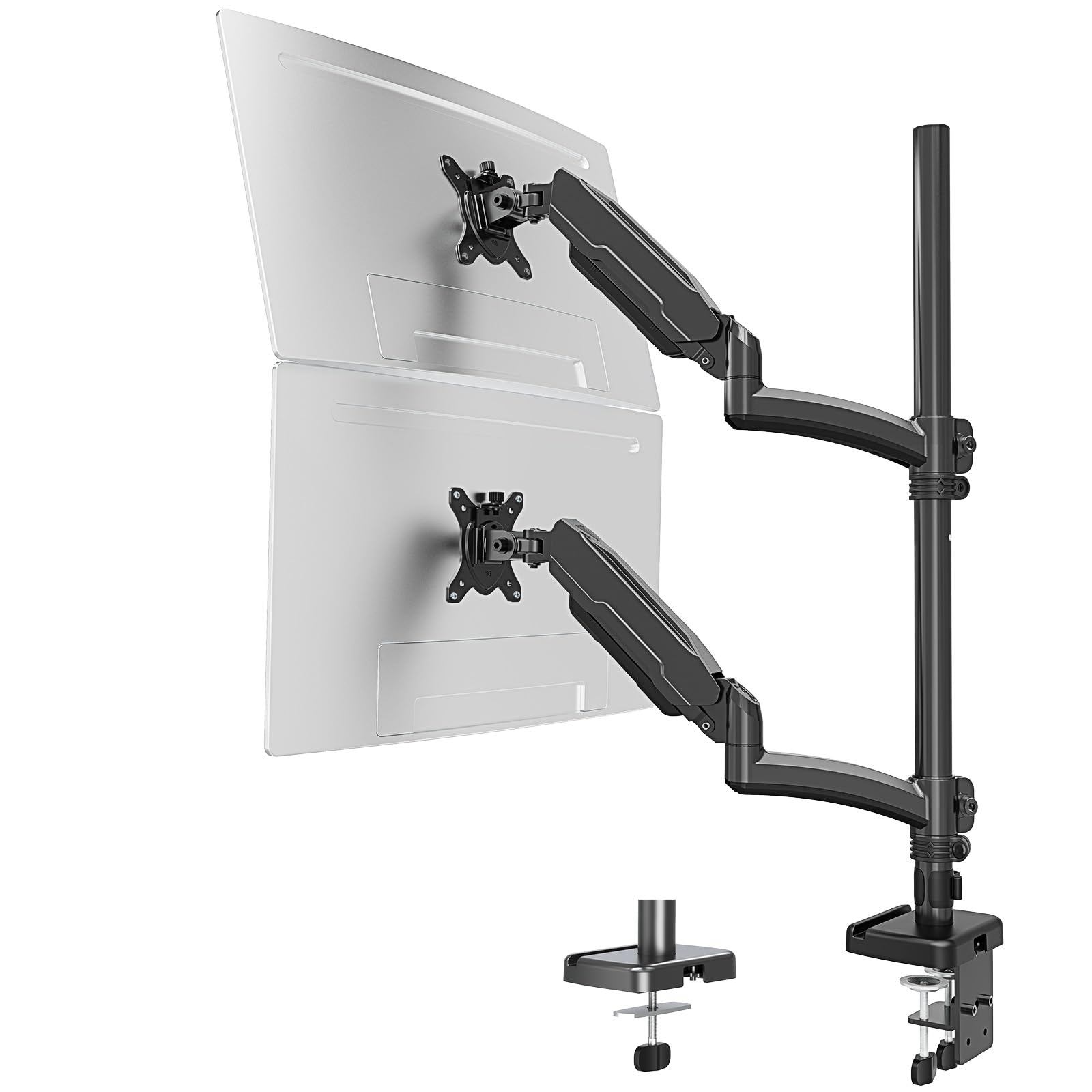 Vertical Dual Monitor Mount, Stacked Monitor Stand for 2 Computer Screens up to 32 inches, Full Motion Adjustable Tall Display Desk Mount, Each Arm Holds up to 17.6lbs, VESA Mount