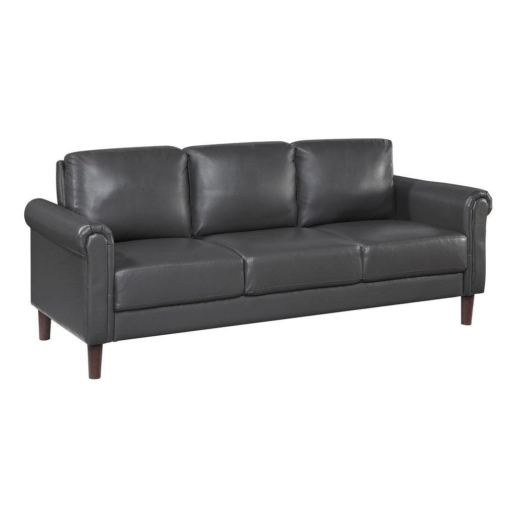 79" W Sofa Couch, Faux Leather Upholstered 3-Seater with Rolled Arms & Wood-Look Feet, Pocket Coil Support, Traditional Living Room, Office or Waiting Room Seating - Dark Gray