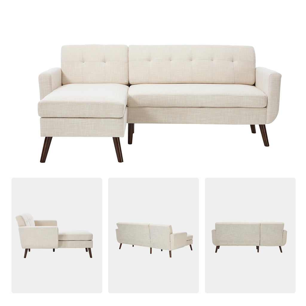 L Shaped Couch, 80" W Mid-Century Modern Sofa, Sectional Couches, 3 Seater Sofas with Wide Chaise Lounge, Button Tufted Upholstered Sectional Sofa for Living Room, Bedroom, Beige