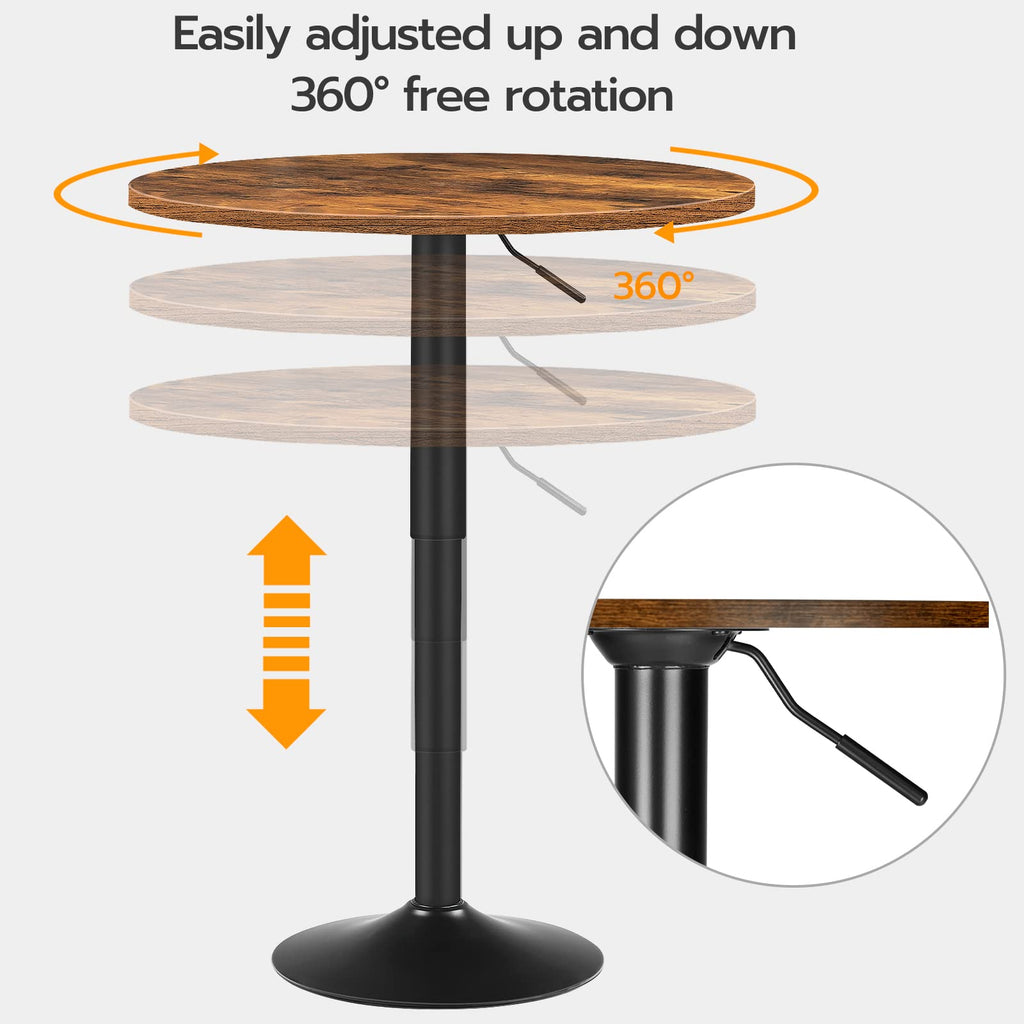 Bar Table, Height-Adjustable Round Pub Table 27-35.4 Inches with Sturdy Base, Modern Style, Easy to Assemble, Suitable for Small Space, Rustic and Black