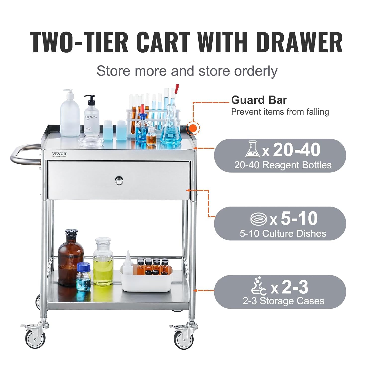 Medical Cart, 2-Layer Stainless Steel Cart 220 lbs Weight Capacity, Lab Utility Cart with 360° Silent Wheels and a Drawer for Lab, Clinic, Kitchen, Salon