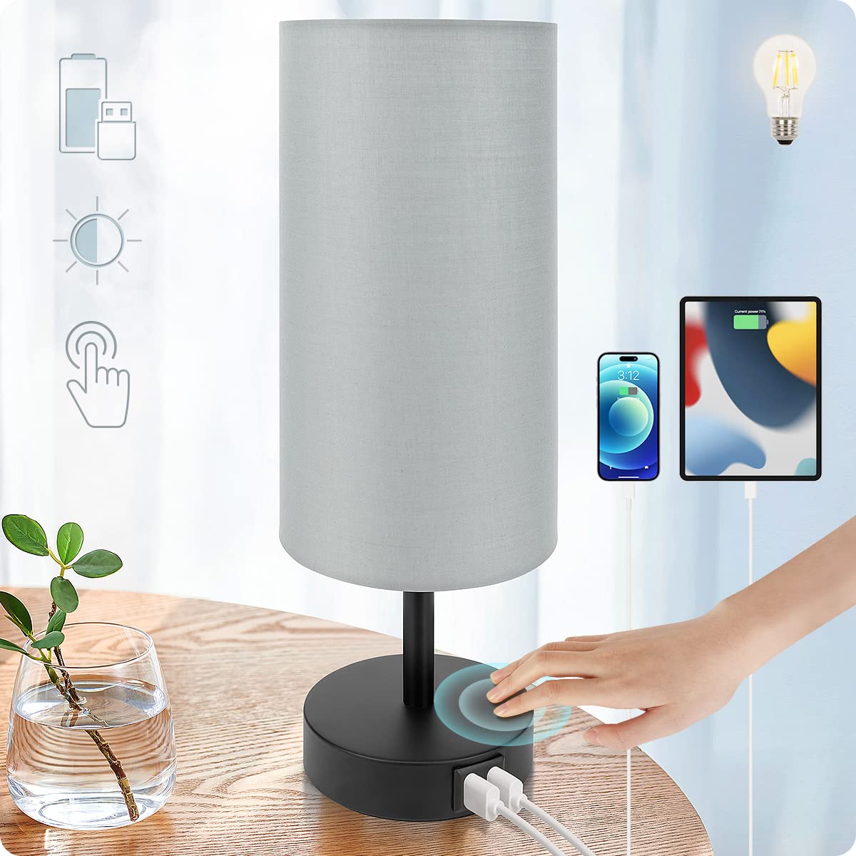 Desk Lamp with USB Port - Touch Control Table Lamp for Bedroom 3 Way Dimmable Nightstand Lamp with Round Grey Fabric Shade for Living Room, Dorm, Home Office (LED Bulb Included)
