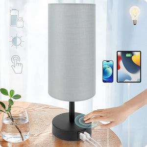 Desk Lamp with USB Port - Touch Control Table Lamp for Bedroom 3 Way Dimmable Nightstand Lamp with Round Grey Fabric Shade for Living Room, Dorm, Home Office (LED Bulb Included)