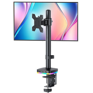 RGB Single Monitor Desk Mount, Monitor Arm with 3 USB Ports, Charging and USB Data Transfer Function, Desk Mount for 13